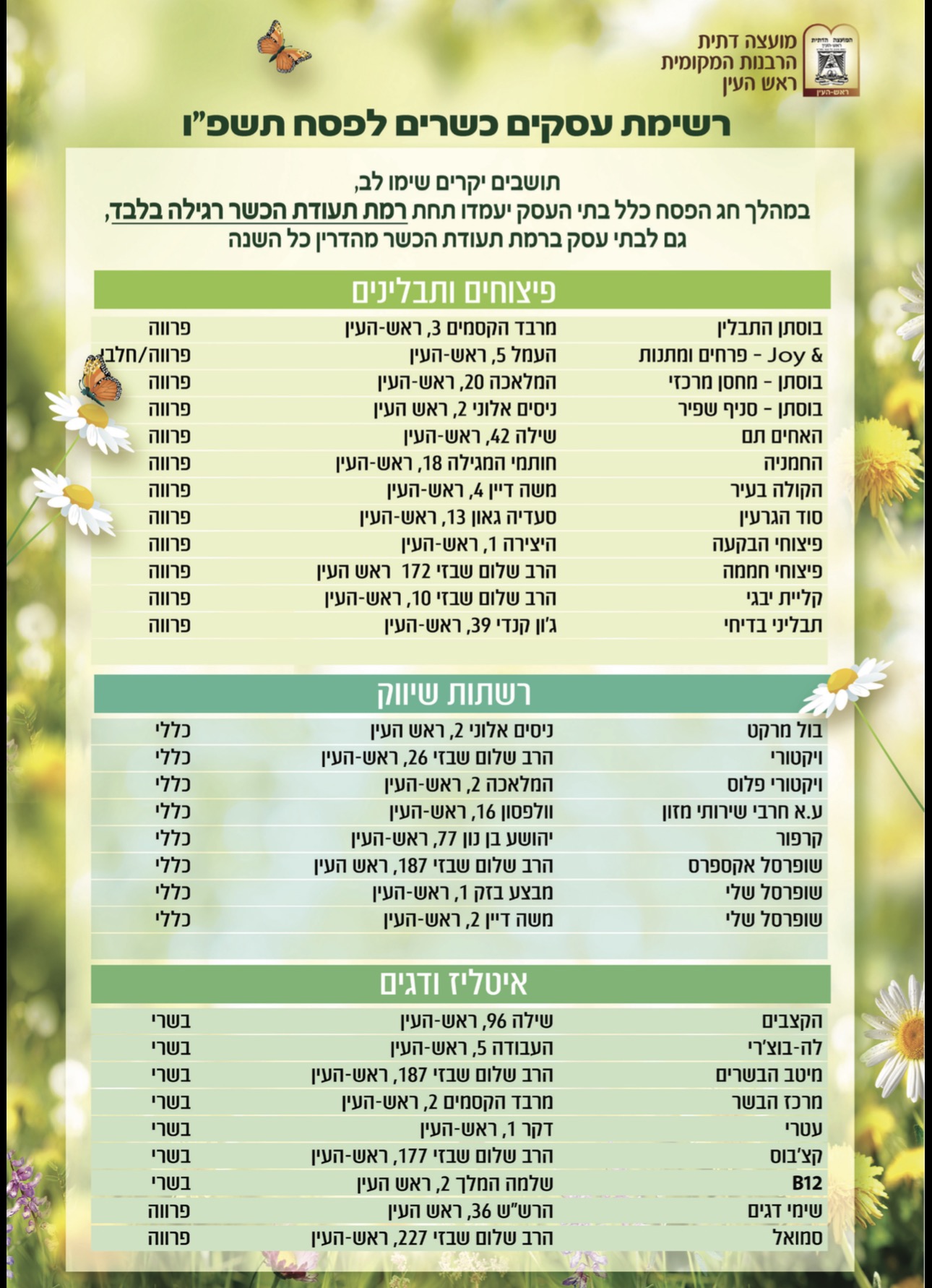 רשימת עסקים כשרים לפסח